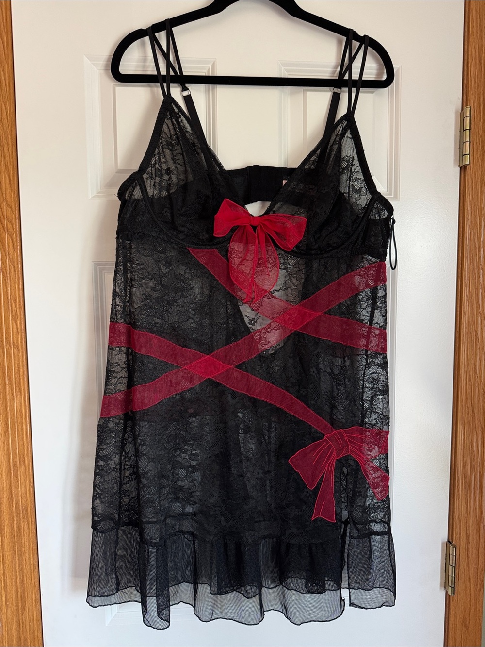 NWOT Sophie Theallet Sheer Black Lace Chemise Lingerie with Red Ribbon Bows